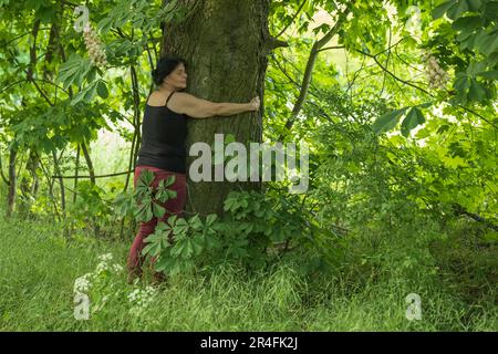 A woman hugs an old oak tree in the forest Stock Photo