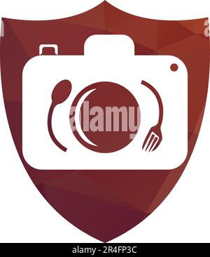 Food Photo vector logo template. This design use camera logo with plate, spoon and fork. Suitable for business, photograph, vlog Stock Vector