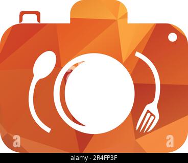 Food Photo vector logo template. This design use camera logo with plate, spoon and fork. Suitable for business, photograph, vlog Stock Vector