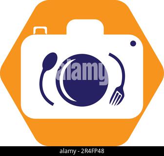 Food Photo vector logo template. This design use camera logo with plate, spoon and fork. Suitable for business, photograph, vlog Stock Vector