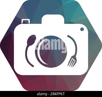 Food Photo vector logo template. This design use camera logo with plate, spoon and fork. Suitable for business, photograph, vlog Stock Vector