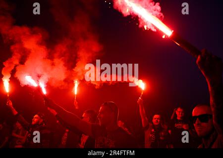 Prague, Czech Republic. 27th May, 2023. Sparta Praha footballers won the first division title after nine years and celebrate with fans in Prague, Czech Republic, May 27, 2023. Credit: Ondrej Deml/CTK Photo/Alamy Live News Stock Photo