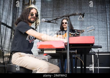 Warrington, UK. 27th May 2023. The joy Hotel perform on day 1 of Warrington's NBHD Weekender Festival 2023,  Credit:  Gary Mather/Alamy Live News Stock Photo