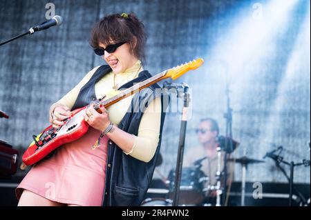 Warrington, UK. 27th May 2023. The joy Hotel perform on day 1 of Warrington's NBHD Weekender Festival 2023,  Credit:  Gary Mather/Alamy Live News Stock Photo