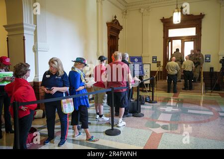 Houston, Texas, USA. 27th May, 2023. People wait to enter the House Gallery at the Texas Capitol to watch a debate on the impeachment of Attorney General Ken Paxton in Austin, Texas, the United States on May 27, 2023. The GOP-led Texas House of Representatives on Saturday voted to impeach Attorney General Ken Paxton, a powerful Republican and firm ally of former President Donald Trump in the second largest U.S. state, over yearslong accusations of corruption, lawbreaking and power-abusing. Credit: Bo Lee/Xinhua/Alamy Live News Stock Photo