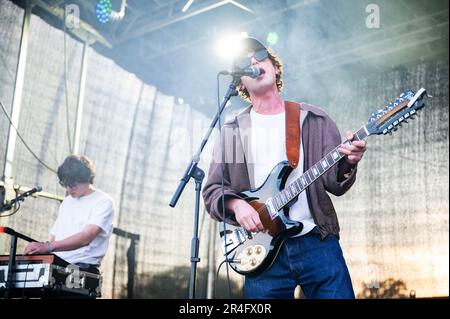 Warrington, UK. 27th May 2023. The Goa Express perform on the viola beach stage on day 1 of Warrington's NBHD Weekender Festival 2023,  Credit:  Gary Mather/Alamy Live News Stock Photo