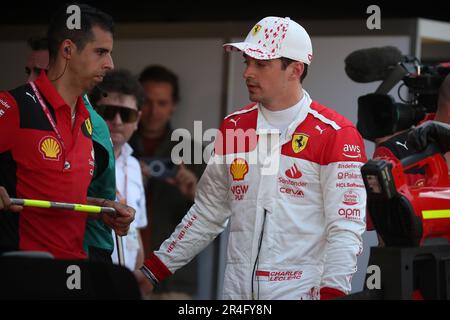 Monaco, Monaco. 27th May, 2023. Charles Leclerc of Scuderia Ferrari at the end of qualifying for the F1 Grand Prix of Monaco at Circuit de Monaco on May 27, 2023 in Monte-Carlo, Monaco. Credit: Marco Canoniero/Alamy Live News Stock Photo