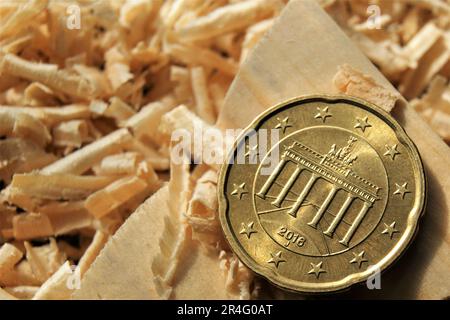German 20 euro cent coin in a carpenter's workshop. European currency. Stock Photo