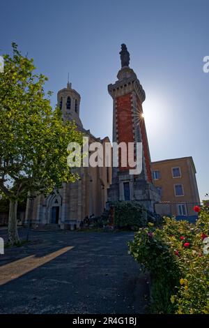 VIENNE, FRANCE, May 26, 2023 : In the 19th century, the hill of Pipet was dedicated to the Virgin Mary, with a statue on a brick tower and a pilgrimag Stock Photo