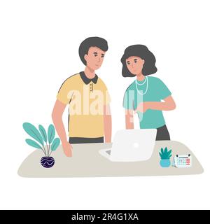 Elderly couple looking at laptop computer with smile in living room Vector illustration Stock Vector