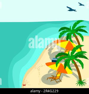 Summer Vacation Loungers On Sea Beach Landscape Beautiful Seascape Banner Seaside Holiday Vector Illustration Stock Vector