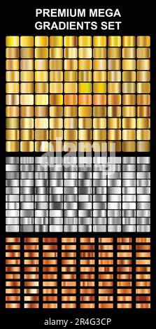 Premium Mega Gradients Set. Gold, Silver, and Bronze Gradient Swatches Palette Set. Stock Vector