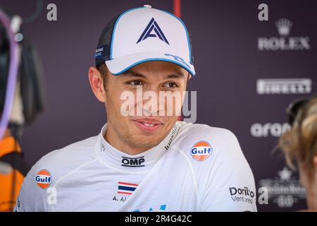 Williams Racing’s Thai driver Alexander Albon reacts in the paddock ...