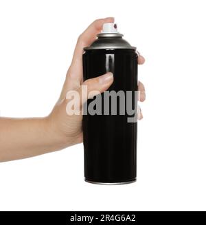 Woman holding black can of spray paint on white background, closeup Stock Photo