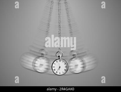 Hypnosis session. Vintage pocket watch with chain swinging on grey background, motion effect Stock Photo