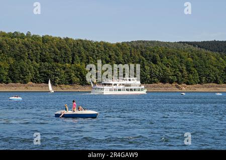 Excursion boat, lake, passenger ship, Sondern, Biggetalsperre, Olpe, Ebbegebirge nature Park, Sauerland, North Rhine-Westphalia, Germany Stock Photo