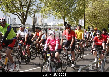 London, UK. 28/May/2023 Streets of London Closed for Ride London Cycling Event Hundreds of cyclists took to the streets of London for the annual ride London event. Starting from Embankment, riders have the option of a 100, 60 or 30 mile route. The riders taking the furthest journey reach Braintree in Essex before turning back. Credit: Roland Ravenhill/Alamy. Stock Photo