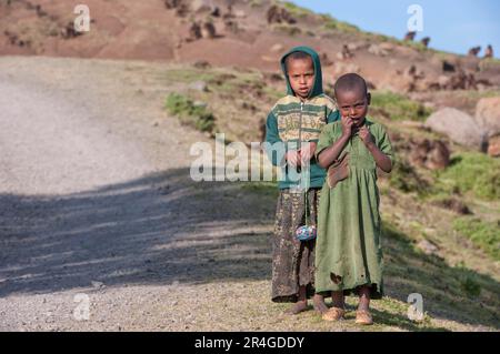 Children by the road, Simien Mountains National Park, Seed Gonder Zone, Amhara Region, Ethiopia Stock Photo