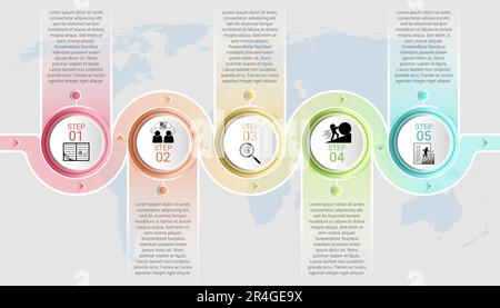 infographic pipe template with a circle diagram 5 stages with a description box and a map of the world behind it. Stock Vector