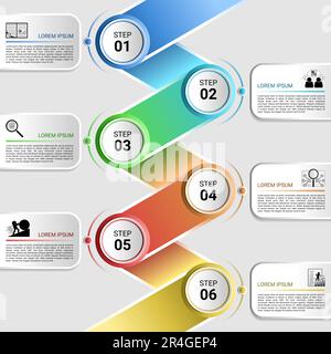 infographic zigzag pipe template with a circle diagram 6 steps with a symbol and a descriptive box Stock Vector