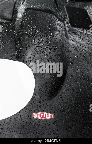 Raindrops Beading on a Jaguar's Bonnet at Goodwood Stock Photo