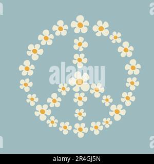 Illustration of a peace symbol made of chamomile flowers in Groovy style on bllue color background Stock Vector