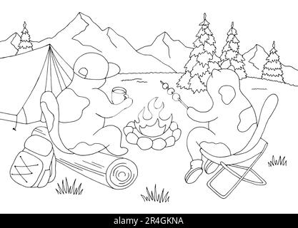 Cats on a hike sit by the fire. Camping graphic black white landscape sketch illustration vector Stock Vector