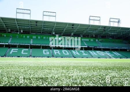 GRONINGEN - Overview Euroborg Stadium or FC Groningen during the Dutch premier league match between FC Groningen and Sparta Rotterdam at the Euroborg stadium on May 28, 2023 in Groningen, Netherlands. ANP COR LASKER Stock Photo