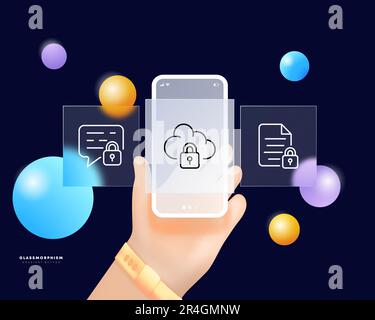 Cloud data protection set icon. Shield with cloud icon and lock symbol. Privacy concept. Glassmorphism. UI phone app screens. Vector line icon for Bus Stock Vector