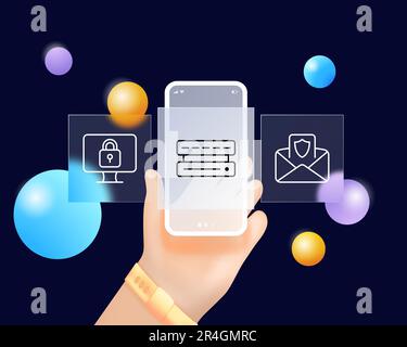 Data security set icon. Shield with lock symbol protecting digital data. Information security, confidentiality. Privacy concept. Glassmorphism. UI pho Stock Vector
