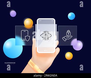 Biometrics set icon. Fingerprint and facial recognition symbolizing advanced security and identity verification. Technology concept. Glassmorphism. UI Stock Vector