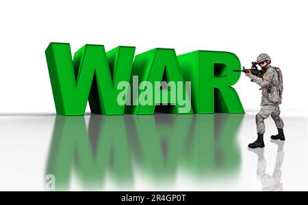 us soldier with assault rifle  and 3d green text war Stock Photo