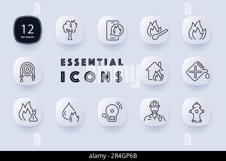 Fire safety icon set. Illustration of fire safety measures, such as fire extinguishers, smoke detectors, and evacuation plans. Safety. Neomorphism sty Stock Vector