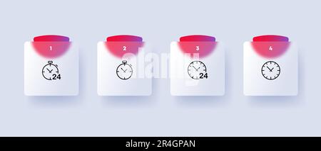 Watch icon set. Timekeeping or as a decorative accessory. The illustration includes the clock face. Clock concept. Glassmorphism style. Vector line ic Stock Vector