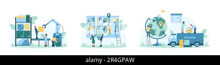 Delivery and logistics set vector illustration. Cartoon tiny people work on automated box distribution in factory warehouse, characters tracking shipping of products on map and globe, pin location Stock Vector