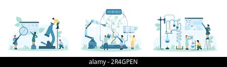 Science research set vector illustration. Cartoon tiny people study DNA with magnifying glass and microscope, grow plant with leaves from helix with robot arm, work with chemical laboratory equipment Stock Vector