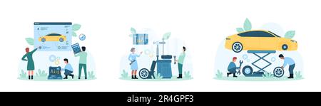 Car tire service set vector illustration. Cartoon tiny people disassembly automobiles wheel to replace winter tires, lift car, change wheel and tyre with mechanic tools and equipment of auto garage Stock Vector