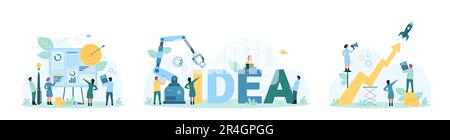 Business project development set vector illustration. Cartoon tiny people build idea word together with robot arm, work in team on analysis of financial data and charts, launch rocket and growth arrow Stock Vector