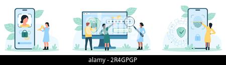 Biometric identification, secure data verification set vector illustration. Cartoon tiny people identify user with face and fingerprint recognition to access account in mobile phone and computer Stock Vector