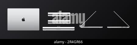 New MacBook Pro with size. Apple Macbook M1 Pro. By Apple corporate. Template with front, back and 3d view. Notebook dimensions, ports, outputs. Techn Stock Vector