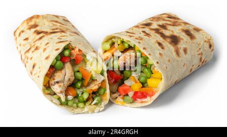Tortilla wrap with fried chicken meat and vegetables isolated on white background Stock Photo