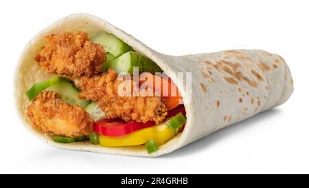 Tortilla wrap with fried chicken meat and vegetables isolated on white background Stock Photo