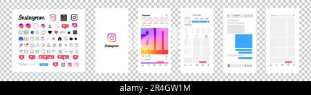 Instagram design. Set instagram screen social media and social network interface template. Instagram photo frame. Stories, liked, stream. Editorial ve Stock Vector