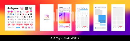 Instagram template app screens on Apple Iphone vector set. Realistic Instagram interface on smartphone: profile, photo, message, storie, liked, stream Stock Vector