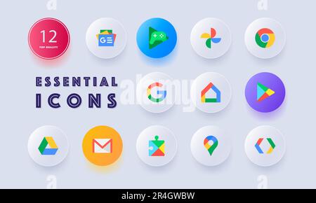 Popular social network logo. Google, gmail, play store, google store, add, home, chrome, etc. UI UX white user interface. Neomorphism style. Vector li Stock Vector