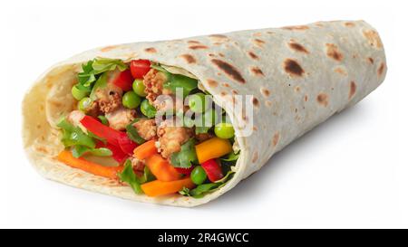 Tortilla wrap with fried chicken meat and vegetables isolated on white background Stock Photo
