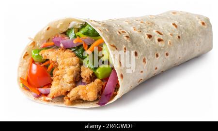 Tortilla wrap with fried chicken meat and vegetables isolated on white background Stock Photo