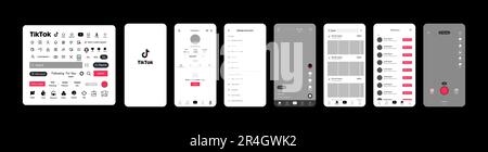 Tik Tok design. Tik Tok screen social media, social network interface template. Homepage, loading, recommendations, subscription, profile. Stream, sto Stock Vector