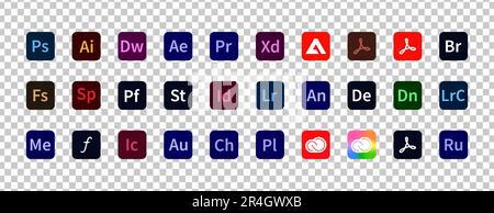 Adobe product. Logotype set of adobe products: adobe, illustrator, photoshop, creative cloud, after effects, lightroom. Adobe programs logos collectio Stock Vector