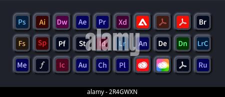 Adobe products. Logotype set of adobe apps: Illustrator, Creative Cloud, After Effects, Premiere Pro, Photoshop, Lightroom. Programs logos collection. Stock Vector